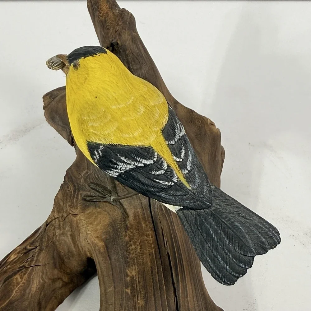 Vintage Hand Carved Wood Gold Finch Bird Figurine Driftwood Branch Signed